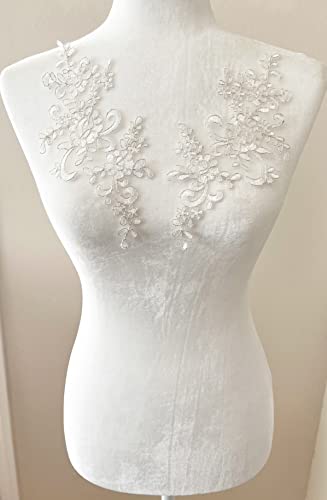 PEPPERLONELY 1 Pair Bridal Lace Flower Sew on Embroidered Lace Applique Wedding Dress Bride's Headdress Adornment DIY Patch Clothing Accessories, 22 x 10cm, Ivory with Silver