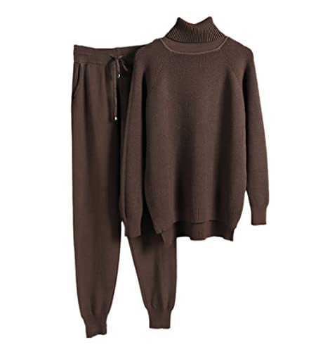 Survêtement d'hiver femme chaud 2 pièces ensemble col roulé pantalon épais café