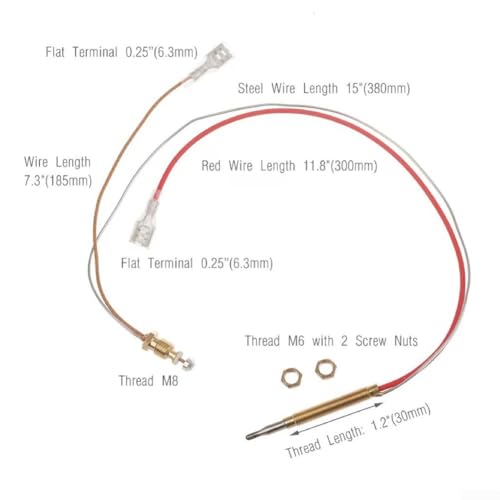 Gas-Thermoelement-Set, 400mm Thermoelement für Gas, Terrassenheizungs-Thermoelement, Außenheizung, M6 x 0.75 Kopfgewinde Ersatzteile M8 x 1 Endanschlussmuttern, für Gas, Heizung, Gasbrenner (40 cm)