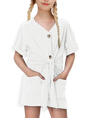 Kids Girl Button Down Romper Tie Front Elastic Waist V Neck Short Sleeve Short Jumpsuits White 11-12 Years #TOP27