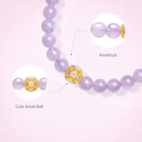 24K Solid Gold Charm Bracelets Pure Gold Flower Ball Amethyst Bead Beacelet Purple Crystal Dainty Jewelry for Women Her Anniversary Birthday 6.7"/17CM A19147223