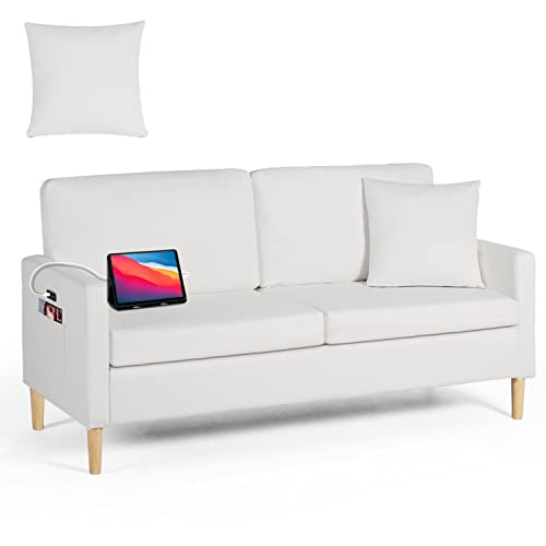 Aileekiss 66" W Loveseat Sofa With 2 Usb Mid Century Modern Love Seats Pu Leather Furniture Tufted Upholstered Love Seat Couch For Living Room Office Apartment Bedroom (White) #TOP6