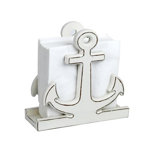 BetyHom Rustic White Wooden Nautical Anchor Napkin Holder - 6.2"x6.2"x2.4"