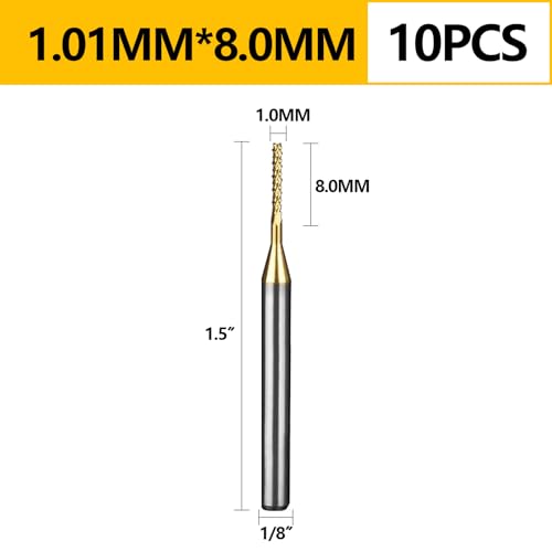 Image of Tools 10Pcs 1.0mm TiN Coating Solid Carbide End Mill Engraving Milling Cutter CNC Router Bits for PCB Machine, 1 /8 inch Shank 1BOX
