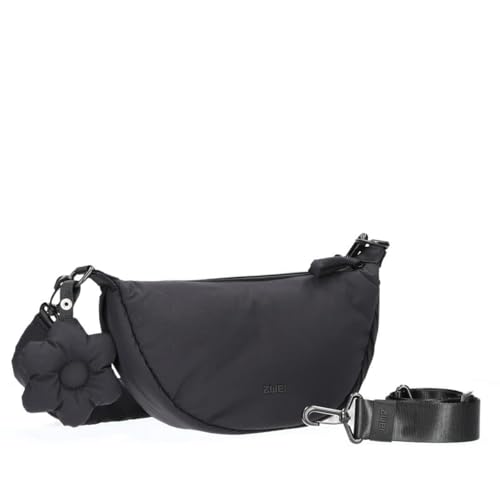 Zwei Damen Puffer Moon Bag HANNAH HA50 mit Blumenanhänger, 2 Liter Volumen Schultertasche mit verstellbarem Trageriemen, Hauptfach mit Reißverschluss, recyceltes Polyester (black)