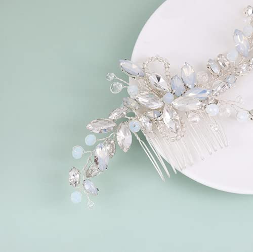 Wedding Hair Comb Silver Blue Rhinestones Opal Crystal Vintage Bridal Clips Hairpiece Handband Accessories for Brides Flower Girl Bridal Hair Pieces - Image 3