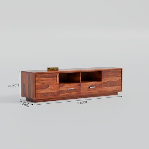 Image of Premium Solid Sheesham Wood TV Unit with 2 Drawers, 2 Shelves, and 2-Door Storage - Accommodates up to 65-Inch TV - Ideal for Living Room (Crimson, Honey Finish)