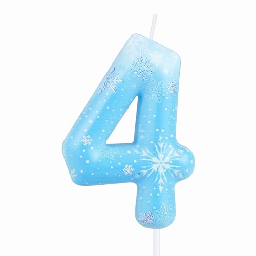 Vela de aniversário número 4 azul e branco - decoração de bolo de floco de neve congelada para meninas