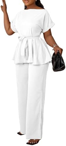Ekaliy Women&#39;s 2 Piece Outfits Suit Set Short Sleeve Peplum Top Flared Pants Sets Business Pantsuits