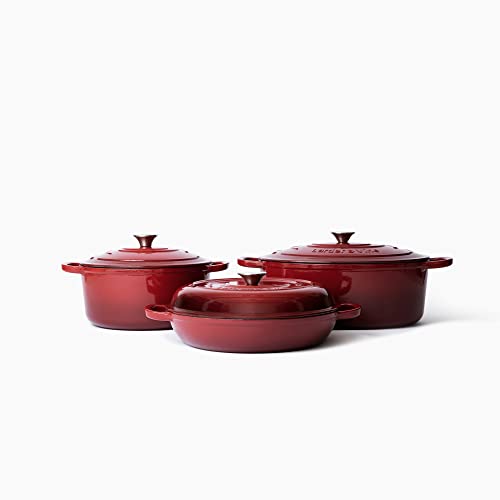 Larder & Vine 6-Piece Enameled Cast Iron Pan Cookware Sets, Includes 8 Quart and 5.7 Quart Dutch Oven with Lids, Braiser/Crock Pot with Lid (Cabernet)