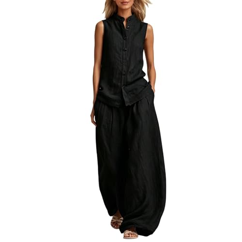 Combinaison lin femme haut de gamme ensemble deux pièces gilet et pantalon large