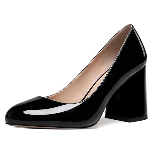 ROSERWISH Womens Wedding Patent Slip On Round Toe Comfortable Fashion Block High Heel Pumps Shoes 3.3 Inch