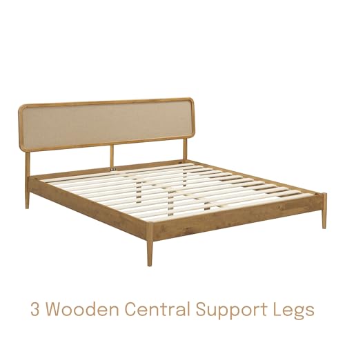 Image of NTC Lupin Wooden Bed Frame with Headboard, Solid Oak and Rubber Wood Foundation with Silent Slats and Wood Central Supports, 1000 Lb Capacity, King - Teak Look