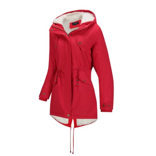 YYNUDA Wintermantel Damen Warm Gefüttert Winter Parka Mittellang Winterjacke Winterparka mit Fellkapuze Dicke Coat Große Größen #337 Rot XL