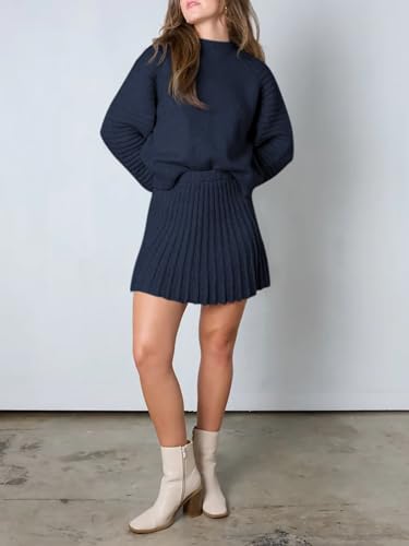 Zwurew Women's 2 Piece Outfits Long Sleeve Mock Neck Ribbed Sweaters and Mini Skirt 2025 Two Piece Sets4