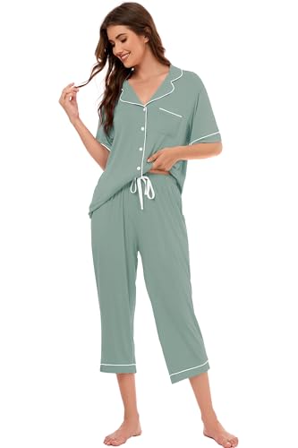 Image of LUBOT Womens Bamboo Viscose Pajamas for Women PJ Set 2 Piece Cooling Soft Short Sleeve Capri Pants Summer Sleepwear Set S-XXL