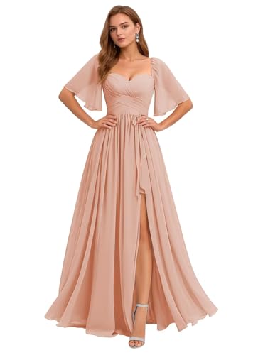Women's Chiffon Bridesmaid Dresses V Neck Flutter Sleeve Pleated A Line Long Formal Evening Gowns with Slit ﻿4