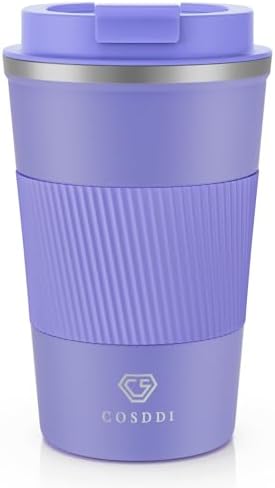 CS COSDDI Kubek Termiczny,380ml Kubek Podróżny ze Stali Nierdzewnej,Kubek do Kawy Wielokrotnego Użytku,Filiżanka kawy z Podwójnymi Ściankami,Podróżny Kubek Samochodowy
