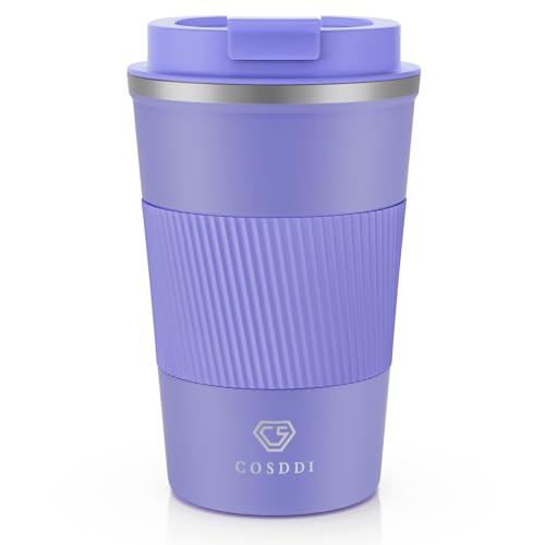 CS COSDDI Travel Mugs, Insulated Coffee Cup with Leakproof Lid - Reusable Coffee Cups Travel - Car Coffee Cup - Stainless Steel Coffee Mug for Hot and Cold Water and Tea, 380ml