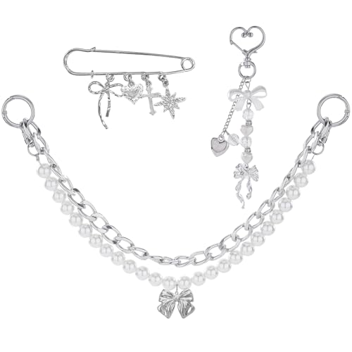 LuneClat Bag Chain for Handbags Purse - Y2K Silver Bow Pendant Double layer Decorative Straps, Elegant Pearl Extension Chains for Tote Shoulder Bags, Handlebag Strap Set for Women