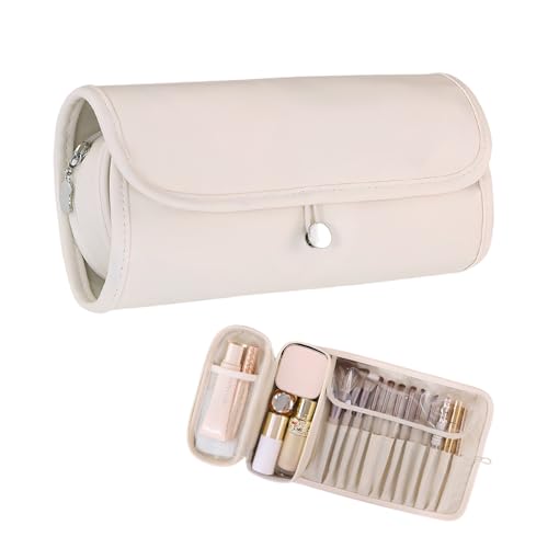 Elegante Estuche de Maquillaje para Mujer, Estuche para Brochas de Maquillaje de Gran Capacidad, Neceser de Viaje con Compartimento Separado para Brochas, para el Hogar, Cosméticos de Viaje (Blanco)