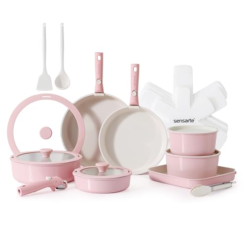 Image of SENSARTE 24 Piece Ceramic Pots and Pans Set, Nonstick Detachable Handle Cookware, Induction Kitchen Cookware Set with Removable Handle, Healthy Non Stick for RV, Dishwasher&Oven Safe, PFOA Free (Pink)