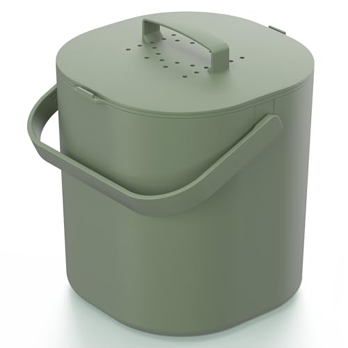 PTMS® Poubelle Compost Cuisine 6L - Seau à Compost avec Filtre à Charbon Actif et Couvercle à accrocher - composteur Cuisine Anti-Odeur, Lavable au Lave-Vaisselle, avec Grille intérieure