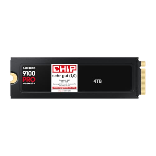 Samsung 9100 PRO Heatsink NVMe M.2 SSD, 4 TB, PCIe 5.0, 14.800 MB/s Lesen, 13.400 MB/s Schreiben, Interne SSD für PC-/Konsolen-Gaming und Videobearbeitung, Schwarz, MZ-VAP4T0CW