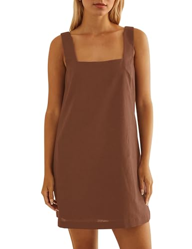 Image of Burtell Summer Sleeveless Cotton Linen Mini Dresses for Women Casual Square Neck Backless Short Dress Solid Tank Shift Dress