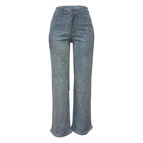 Jean jambe droite strass délavé à taille haute décontracté - 3