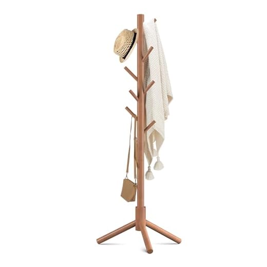 Haddockway Wooden Coat Rack Stand with 8 Hooks New Zealand Pine Adjustable Coat Standing Tree Easy Assembly for Coats, Hats, Scarves and Handbags for Entryway, Hallway, Bedroom, Office