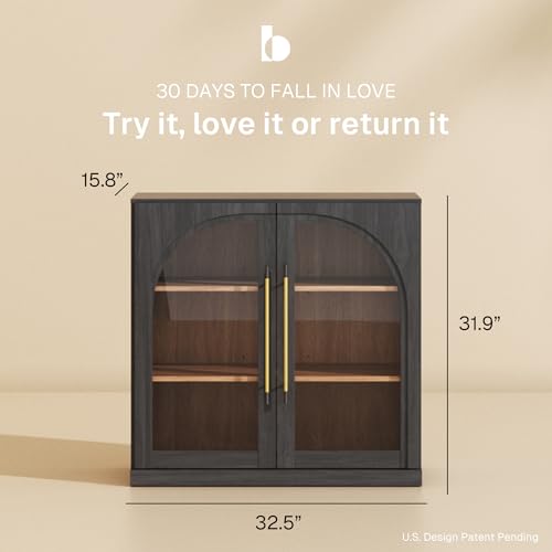 Image of BELLEZE Set of 3 Modular Sideboard with Arched Glass Door, 97'' Accent Display Buffet Cabinet with Storage and Adjustable Shelves,Classic Modern Credenza for Living Room Kitchen Entryway (Ebony)