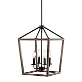 JONATHAN Y 10' Oil Rubbed Bronze/Faux Wood 3-Light Farmhouse Lantern Pendant Light, LED Cage Chandelier for Kitchen Island, Foyer, Entry, Metal Wood Finish Shade, Bulbs Included (JYL1322A)