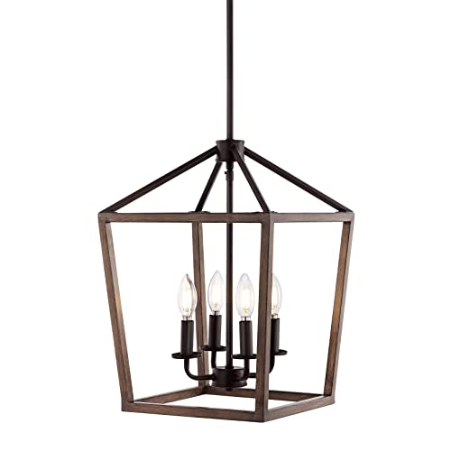 Image of JONATHAN Y Oria 4-Light Lantern Pendant 13 inch, Oil Rubbed Bronze /Faux Wood | Metal Cage Chandelier, Adjustable Downrod, Kitchen Island Foyer Entry Lighting, LED Bulbs Included