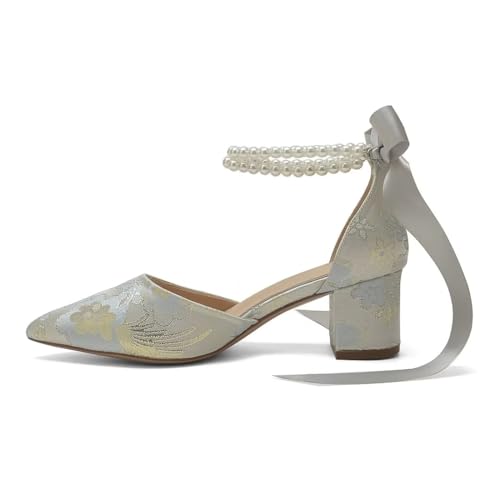Floral Satin Wedding Shoes for Bride Block Heel Pointed Toe Pearl Bridal Shoes Wedding Heels3