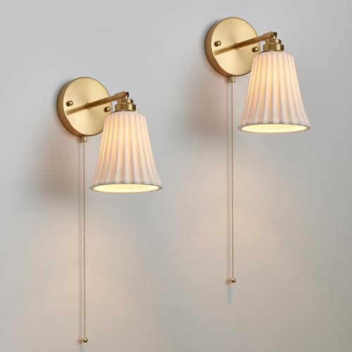Image of Hardwired Wall Sconces Wall Lighting Set of 2, Modern Ceramic Gold Wall Sconce Light with Pull Chain Switch, Indoor Bedside Wall Lamp Light Fixture for Living Room Bedroom Kitchen Home Office Hallway