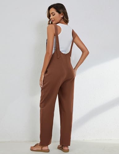 Image of Yeokou Womens Overalls Linen Cotton Jumpsuits Loose Casual Jumpers with Pockets