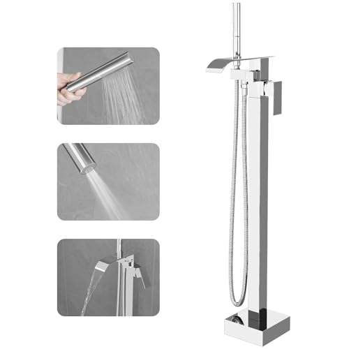 RUMOSE Tub Filler Freestanding Bathtub Faucet Polished Chrome Floor Mount Tub Faucet Waterfall Bathtub Filler with CUPC Certified High Flow Brass Bath Shower Faucets with Handheld Sprayer