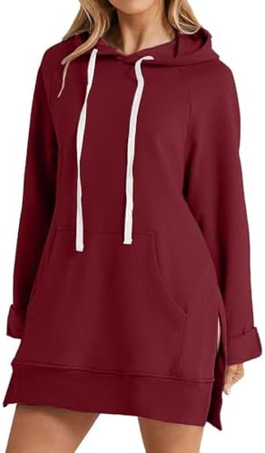 The Warmy Oversized Hoodie Dress for Women Casual Drawstring Long Sweatshirt with Pocket Fashion Split Hem Long Sleeve
