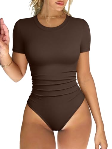 Image of OQQ Women's Crew Neck Short Sleeve Bodysuit Ruched Stretch Vacation Basic for Tops Spring & Summer