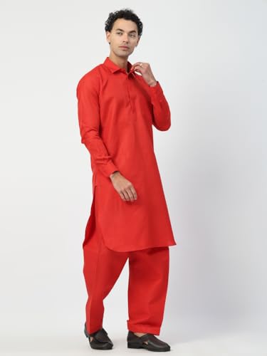 Image of Men's Traditional Pathani Kurta Salwar Set, Red, Long Sleeve, Collared Neck, Cotton Blend, Ethnic Wear