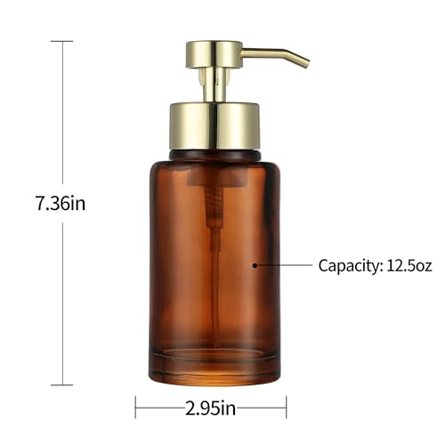 Image of H Halston Amber Glass Foaming Soap Pump Dispenser, Foaming Soap or Liquid handoap compatable, Durable, Refillable, Bathroom & Kitchen Countertop, Bathroom, Home Decor (Amber Glass with Gold Pump top)