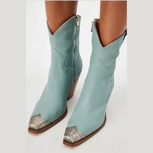 Image of keleimusi Women's Western Cowgirl Ankle Boots Stacked Block Heel Cowboy Booties Steel Toe Heeled Short Cowboy Boots Western Booties