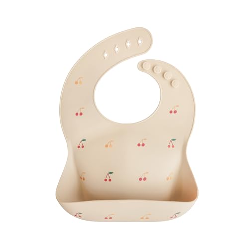 Image of mushie Silicone Baby Bib | Adjustable Fit Waterproof Bibs (Cherries)