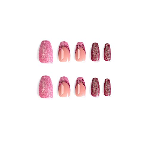 Ocouyvd Medium Press On Nails Coffin Fake Nails Pink Full Cover False Nails With Glitter Designs French Tip Acrylic Nails Glossy Stick On Nails Reusable Artificial Nails For Women Girls Diy Manicure #TOP4