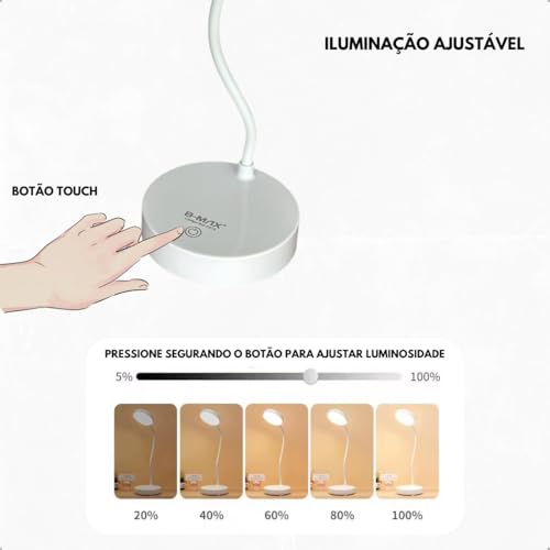 Luminaria de Mesa Led Articulavel com 3 Níveis de Luminosidade Bateria Recarregável Ideal para Estud