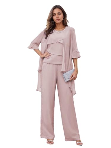 Conjunto de pantalones para madre de la novia, conjunto de 3 piezas de gasa para boda, formal, vestido de noche para mujer, rosa (Dusty), 48