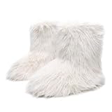 Bella Bays Women Winter Fluffy Boots Mid-Calf Girl Round Toe Furry Faux Fur Boots Lined Warm Soft Plush Luxury Faux Fur Winter Shoes Outdoor Fashion Insulated Flat Ladies Snow Shoes White Uk4