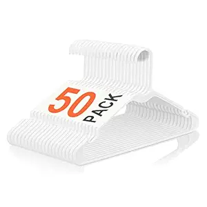 Micuul Plastic Clothing Notched Hangers (50 Pack) Clothes Hanger with Hooks - Lightweight & Space Saving Plastic Hangers - Durable, Slim & Sleek Hangers (White, 50)