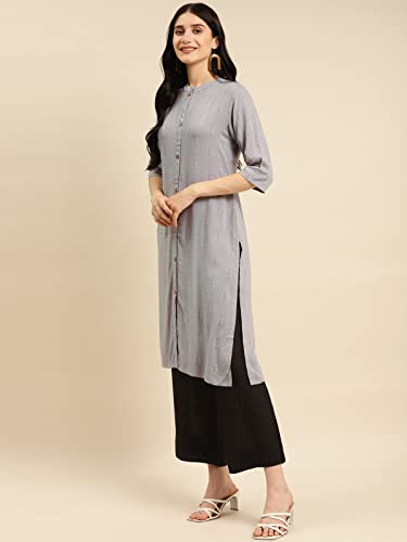 Image of rangita Yellow Rayon Calf Length Striped Straight Kurti for Women | Kurta for Women